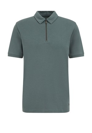 Short-sleeve polo shirt in muted teal, featuring a zippered collar and a textured fabric. Accented with a small logo at the hem.