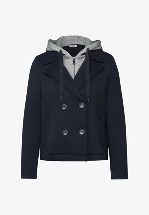 Marineblauer Doppelreiher-Jacke mit grauem Kapuzenfutter, ausgestattet mit einem Reißverschluss, Kordelzügen und Fronttaschen; lässige, weiche Stoffoberfläche.