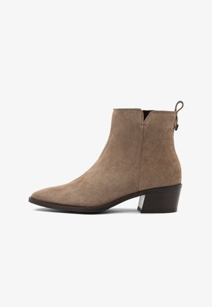 Brown suede ankle boots with a pointed toe, low block heel, and a pull tab at the back. Smooth texture with minimal stitching details.