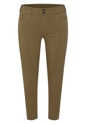 Pantalons skinny kaki avec une texture lisse, deux boutons à la taille et design à cinq poches. Les détails de couture renforcent la durabilité.