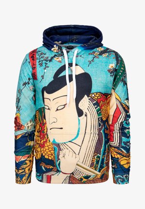 Hooded džempers ar košiem japāņu drukas attēlu, kurā ir figūra ar zilu, dzeltenu un sarkanu krāsu. Mīksts audums ar šņorēm.