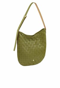 Borsa a tracolla in pelle intrecciata verde con finitura liscia, una tracolla regolabile color marrone chiaro e una forma arrotondata. Presenta un piccolo emblema metallico sul davanti.