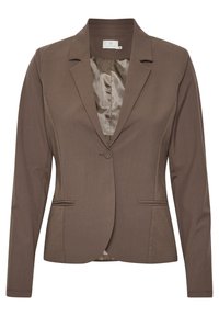 Brązowa marynarka o dopasowanym kroju, z klapami w kształcie notched, na jeden guzik z zapięciem oraz dwiema przednimi kieszeniami. Gładki materiał z satynowym podszyciem.