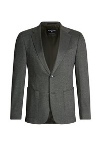 Blazer grigio in lana con una finitura testurizzata, due tasche frontali, chiusura a un bottone e foderato liscio. Senza motivi o decorazioni.