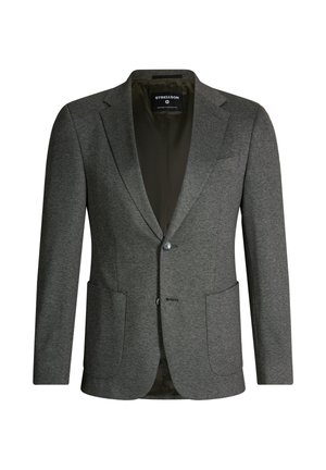 Grau wollblazer mit strukturiertem Finish, zwei Vorderaschen, Ein-Knopf-Verschluss und glatter Fütterung. Keine Muster oder Verzierungen.