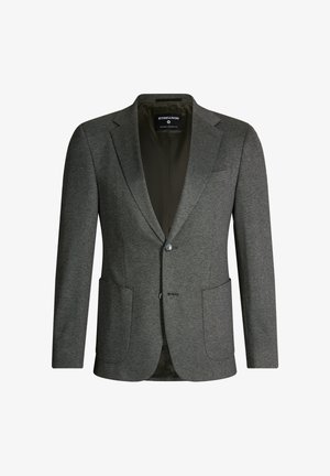 Blazer en laine grise avec une finition texturée, deux poches avant, fermeture à un bouton et doublure lisse. Pas de motifs ni d'ornementations.