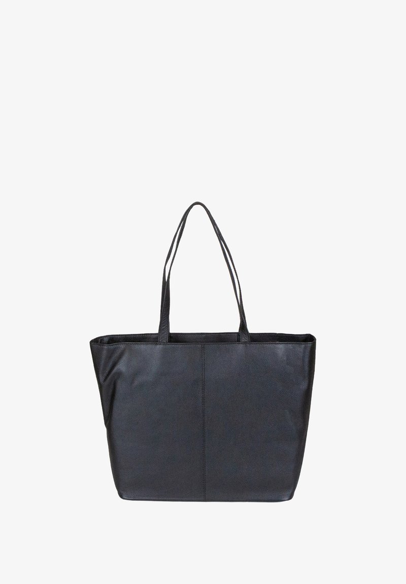 Juodas tote maišas su dviem ilgomis rankenomis, pagamintas iš tekstūrinės sintetinės medžiagos, su erdvia stačiakampio formos konstrukcija ir be matomų metalinių detalių.