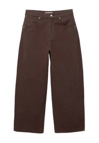 Pantalon marron taille haute à jambes larges avec passants de ceinture, bouton devant, fermeture éclair et poches avant et arrière.