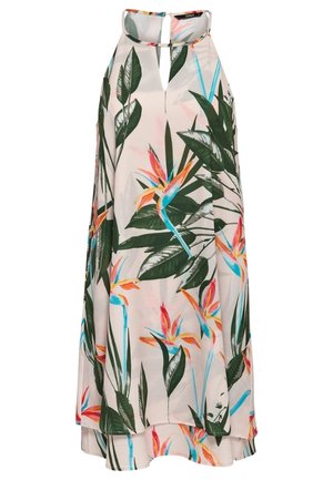 Ärmelloses Neckholder-Kleid mit tropischem Paradiesvogel-Blumenmuster auf hellbeigem Hintergrund.