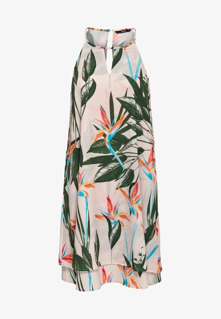 Robe sans manches à col halter avec imprimé floral tropical d’oiseaux de paradis sur fond beige clair.
