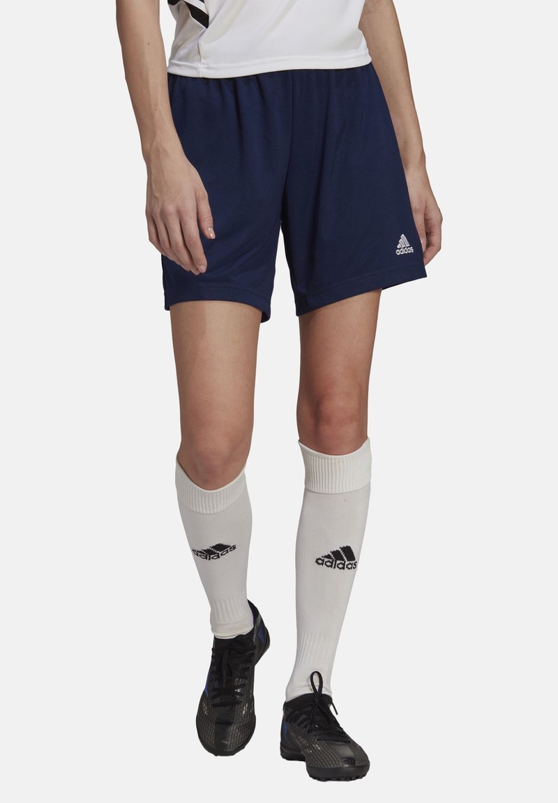 Personne portant un short Adidas bleu marine, des chaussettes hautes blanches Adidas, des crampons noirs et un maillot de sport blanc, debout sur un fond uni.