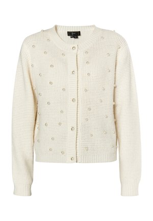 Cardigan crema con un motivo di maglia testurizzato, adornato con piccole perle finte e polsini e orlo a coste. Chiusura frontale con bottoni.