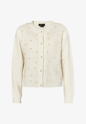 Kreem värvi kardigan, millel on tekstureeritud kudumimuster, kaunistatud väikeste kunstpärlitega ning soonikuäärtega varrukates ja hemis. Nuppudega esikinnis.