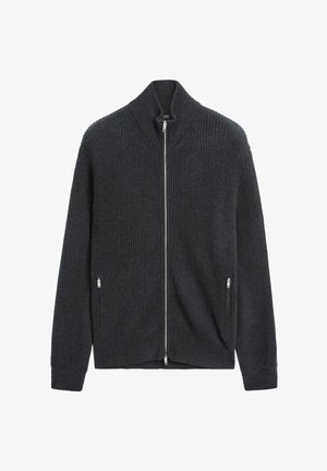 Charcoal gray ribbed zip-up sweater with a high collar and two side zip pockets. Made from textured fabric, features a relaxed fit and full length sleeves.