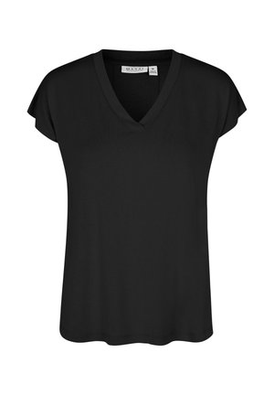 Schwarzes Damenoberteil mit kurzen Ärmeln, V-Ausschnitt und lockerem Schnitt, Größe M, glatter Stoff und Markenlabel im Kragen.