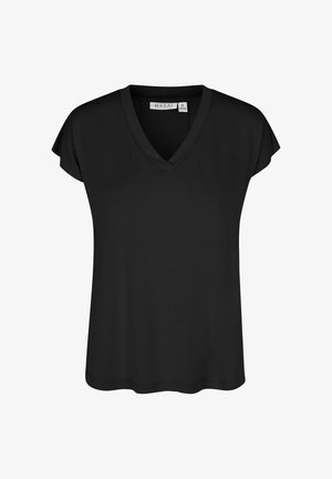 Czarny damski top z krótkim rękawem, dekoltem w serek i luźnym krojem, rozmiar średni, gładka tkanina, z metką marki wszytą wewnątrz kołnierza.