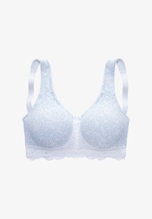 Light blue bra featuring a floral pattern, smooth fabric cups, white lace trim, and adjustable straps.
