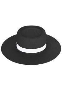 Schwarzer breitkrempiger Hut aus gewebtem Material, mit einer runden Krone und einem weißen Band am Boden.