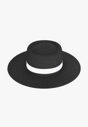 Black wide-brimmed hat made of woven material, featuring a rounded crown and a white band around the base.