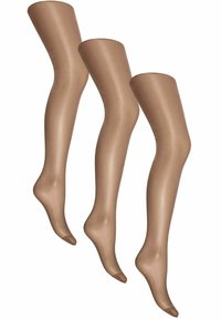 Nude nylon pantyhoes met een transparante afwerking, met een gladde textuur en een rond teenontwerp. Drie paar getoond uit verschillende hoeken.