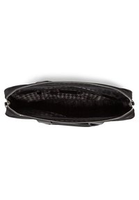 Black leather bag with zip closure. The interior features a houndstooth pattern. Smooth texture and structured shape enhance functionality.