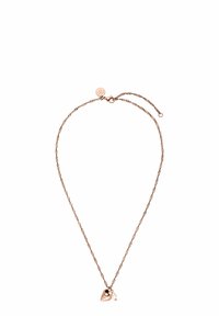 Roze gouden gedraaide ketting met een schelp-hanger en een kleine parelaccent. Lengte verstelbaar met een sluiting.
