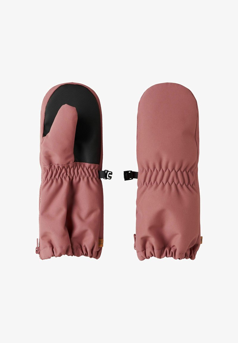 Roze rukavice s elastičnim manžetama, s crnim dlanom i područjem palca. Glatka tkanina, okrugli oblik, podesiva kopča na zapešću.