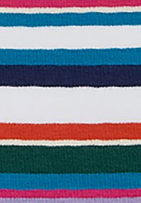 Tessuto multicolore con strisce orizzontali in rosa, blu, bianco, arancione, verde e blu scuro. Texture liscia, motivi uniformemente distribuiti.