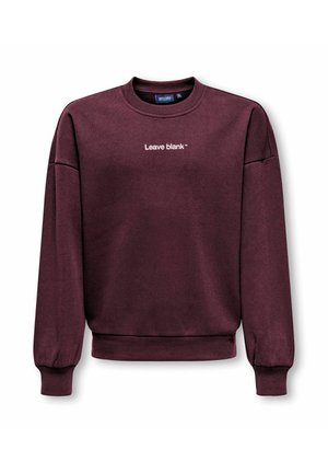 Sweat-shirt violet foncé col rond avec poignets et ourlet côtelés, avec texte blanc "Leave blank" sur la poitrine.