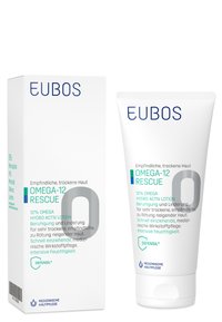EUBOS Omega-12 Rescue, white tube and box, features blue and green text. Contains 12% omega for soothing dry, sensitive skin.