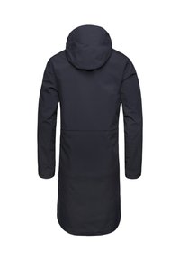 Lange marineblauwe parka met capuchon, gemaakt van een glad, waterafstotend materiaal. Heeft lange mouwen en een rechte snit.