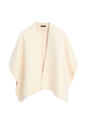 Cremfarbener Wollwrap, offenes Vorderteil, ohne Verschlüsse. Weiche Textur, drapiertes Design und weite Ärmel mit abgerundeten Kanten. Minimalistischer Stil.