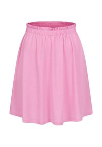 Ružová áčková sukňa vyrobená z textúrovaného materiálu s elastickým pásom, so soft pleatmi a dĺžkou po kolená.