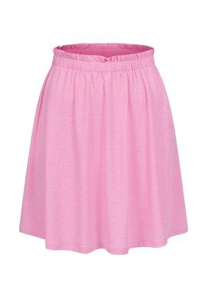 Jupe A-line rose en tissu texturé avec une taille élastique, présentant des plis doux et une coupe au genou.