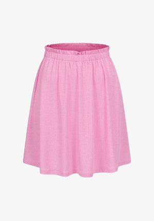 Jupe A-line rose en tissu texturé avec une taille élastique, présentant des plis doux et une coupe au genou.