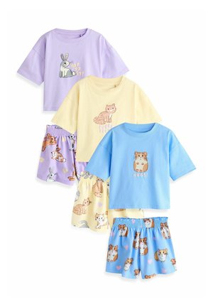 Set of four children's cotton outfits in pastel colors: lavender, yellow, and blue. Features animal graphics, short sleeves, and elastic shorts.