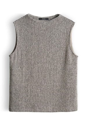 Ärmelloses graues, strukturiertes Stricktop mit rundem Ausschnitt, geradem Saum und figurbetonter Silhouette.