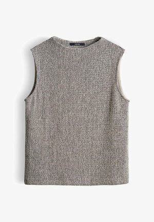 Ärmelloses graues, strukturiertes Stricktop mit rundem Ausschnitt, geradem Saum und figurbetonter Silhouette.
