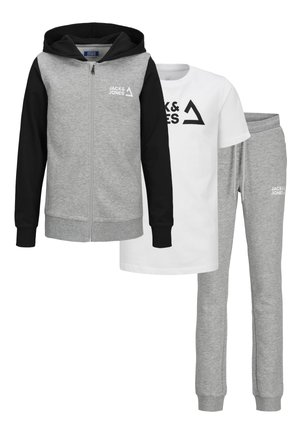 Jack & Jones Junior, JJKAI ZIP HOOD SET - Felpa con zip - light grey melange/white