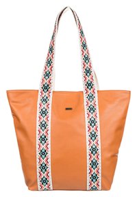 Torebka tote w kolorze brązowym z wzorzystymi tekstylnymi paskami w czerwono-niebiesko-kremowe geometryczne wzory; duża, otwarta góra bez zapięcia.