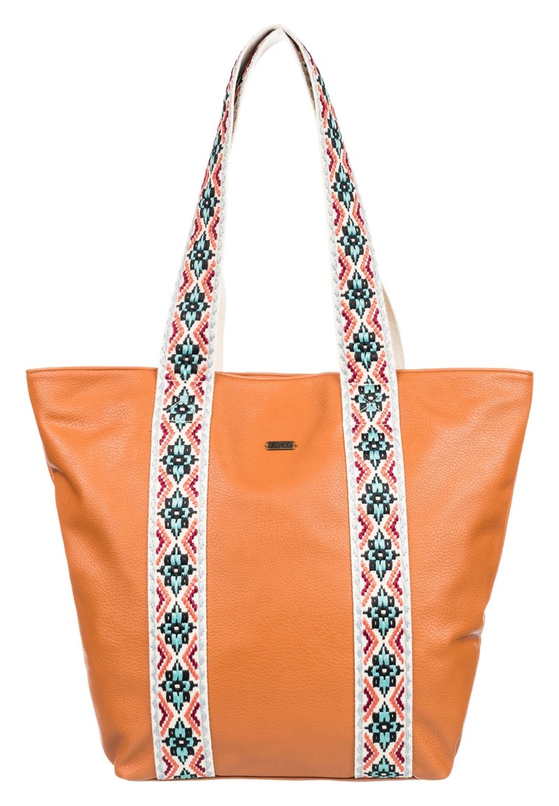 Torebka tote w kolorze brązowym z wzorzystymi tekstylnymi paskami w czerwono-niebiesko-kremowe geometryczne wzory; duża, otwarta góra bez zapięcia.