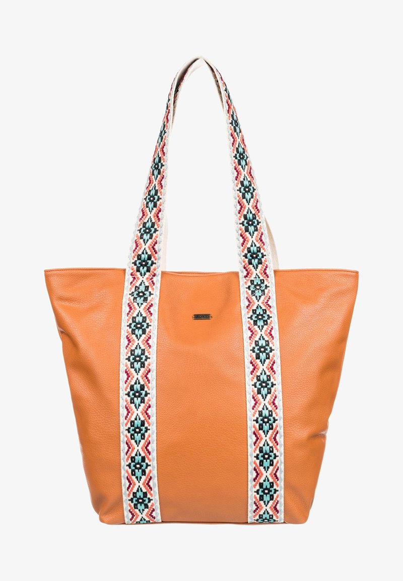 Torebka tote w kolorze brązowym z wzorzystymi tekstylnymi paskami w czerwono-niebiesko-kremowe geometryczne wzory; duża, otwarta góra bez zapięcia.