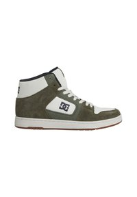 High-top sneakers made of olive green suede and white leather, featuring a padded collar, white laces, and a rubber sole with DC logo accents.