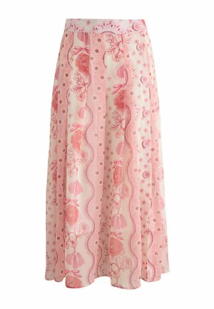 Floraler Midirock in Hellrosa, mit strukturiertem Muster aus geschwungenen Streifen, Knöpfen und dekorativen Quasten. Leichter, fließender Stoff.