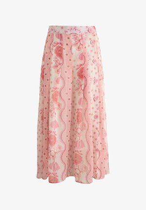 Kvetinová midi sukňa svetloružovej farby, s textúrovaným vzorom zahŕňajúcim zakrivené pruhy, gombíky a dekoratívne strapce. Ľahká, prúdiaca látka.