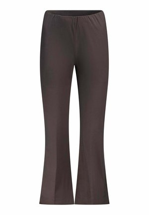 Pantaloni marroni a gamba larga con vita elastica, tessuto liscio, senza tasche visibili o decorazioni, mostrati su sfondo bianco.