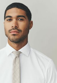 Camicia bianca con colletto a punta, abbinata a una cravatta grigio chiaro testurizzata. Tessuto liscio con una vestibilità ordinata. Sfondo semplice.