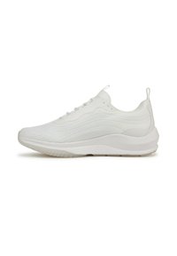 Scarpa sportiva bianca con tomaia testurizzata, design curvo e suola spessa. Presenta linee ondulate sottili e un tab per il riscontro sul tallone.