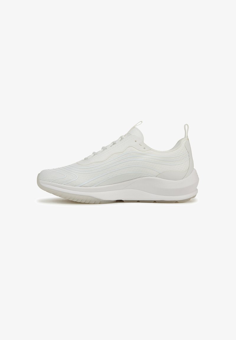 White athletic shoe with textured upper, curved design, and a thick sole. Features subtle wavy lines and a pull tab on the heel.