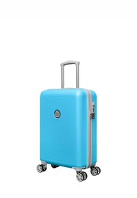 Harde koffer in helderblauw met een hexagonaal patroon, zilveren rits en uitschuifbare handgreep. Voorzien van vier draaikhoeven voor gemakkelijk manoeuvreren.